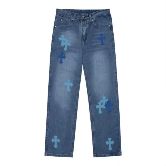P220 model number: H258 Chrome HeartsSS22 Chrome Hearts Miami limited cross patch blue cross print jeans Size: S-XL